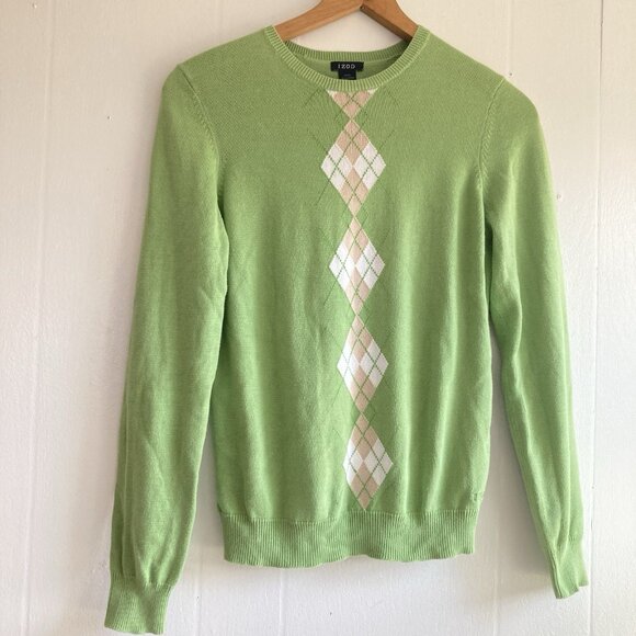 Vintage Y2K Izod Cotton Sweater academia preppy green argyle Sz M - Picture 1 of 7
